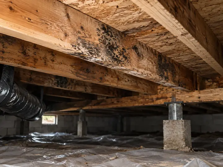 Black mold growth spreading across wooden floor joists in a residential crawl space