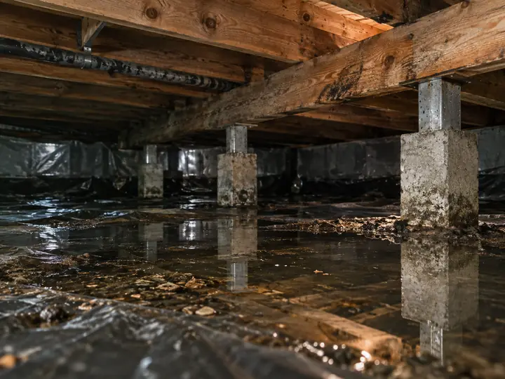 Standing water flooding a crawl space floor around concrete support piers
